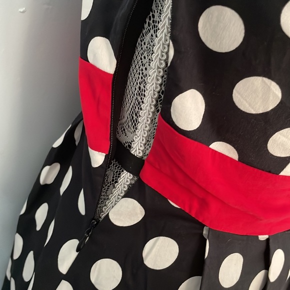Sourpuss Black and White Polka Dot Mini Dress with Red Accents - Picture 5 of 6